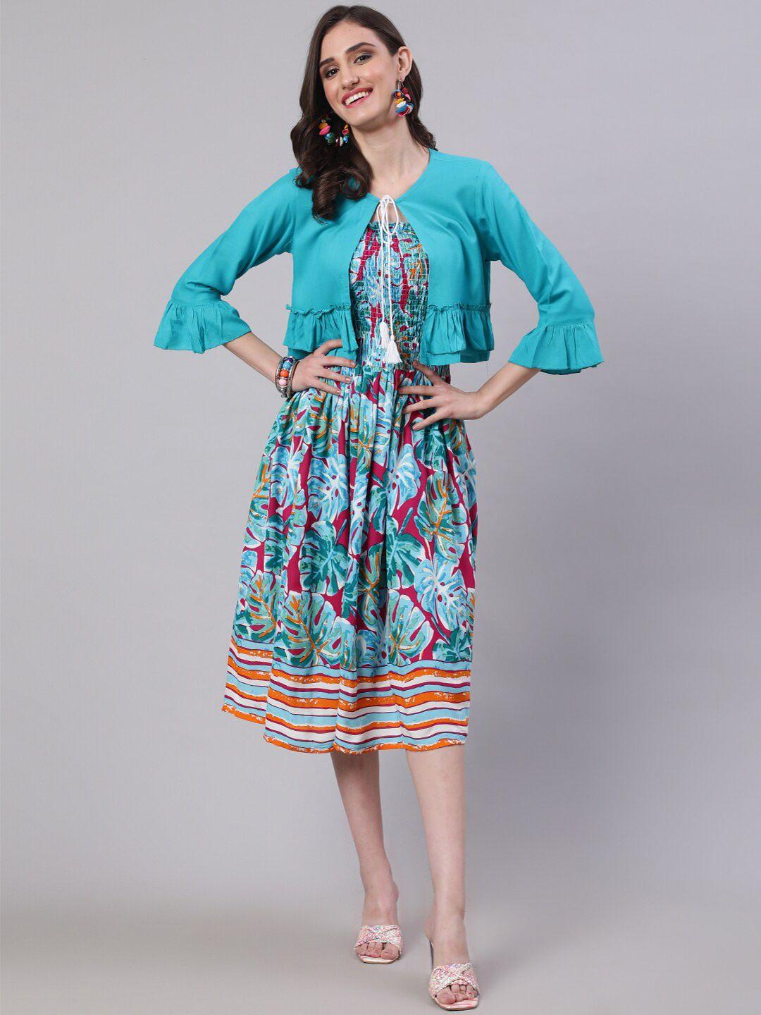 sak jaipur tropical printed smocked fit & flare midi dress with jacket