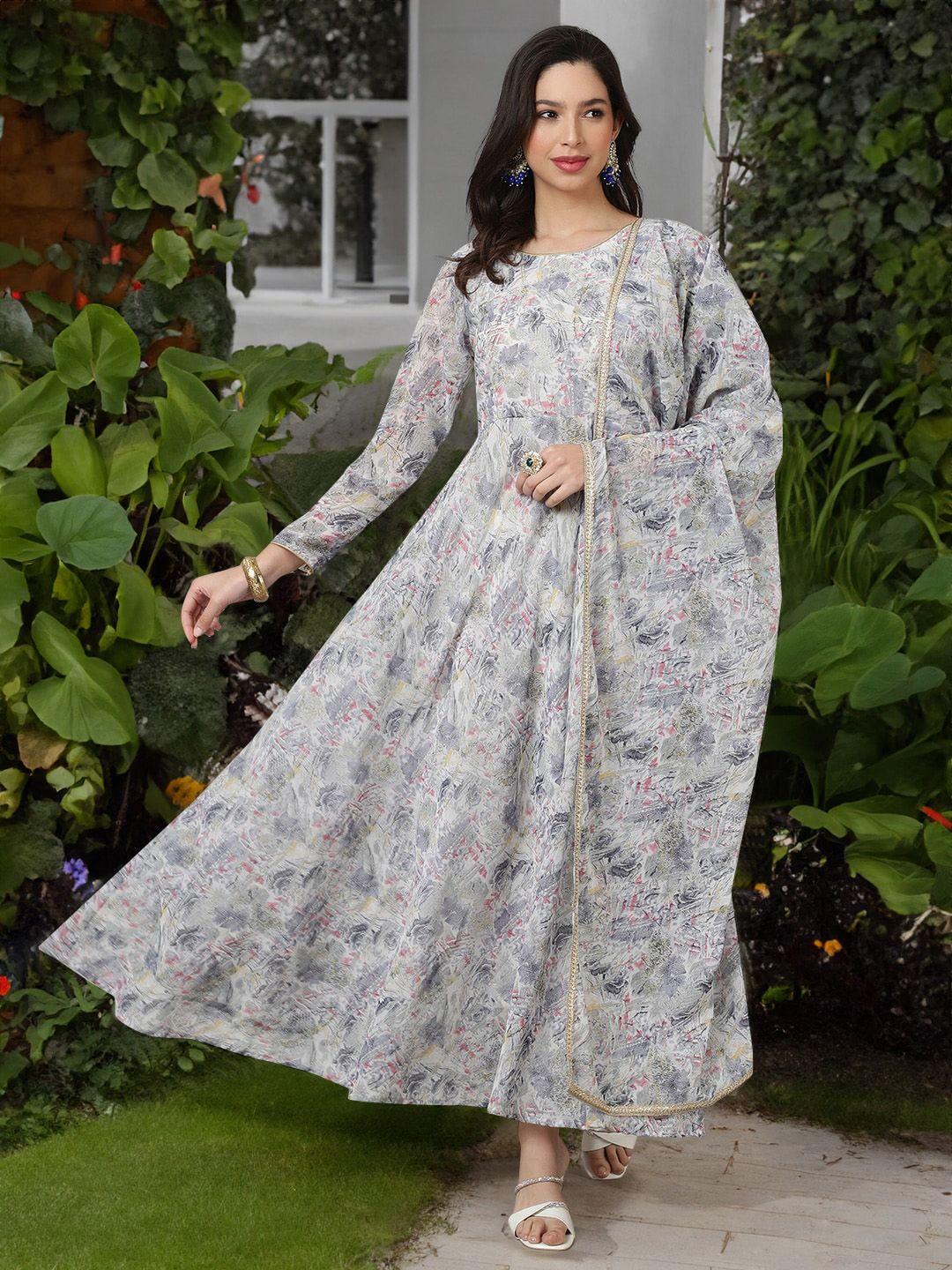 sak jaipur women floral printed flared sleeves sequinned floral georgette anarkali kurta