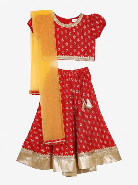 saka designs kids red & gold foil print lehenga with choli & dupatta