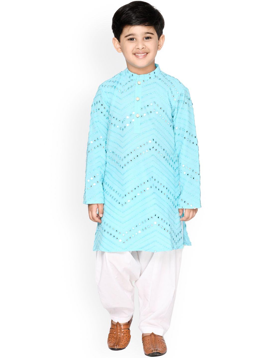 saka designs boys blue & white embroidered mirror work pure cotton kurta with patiala