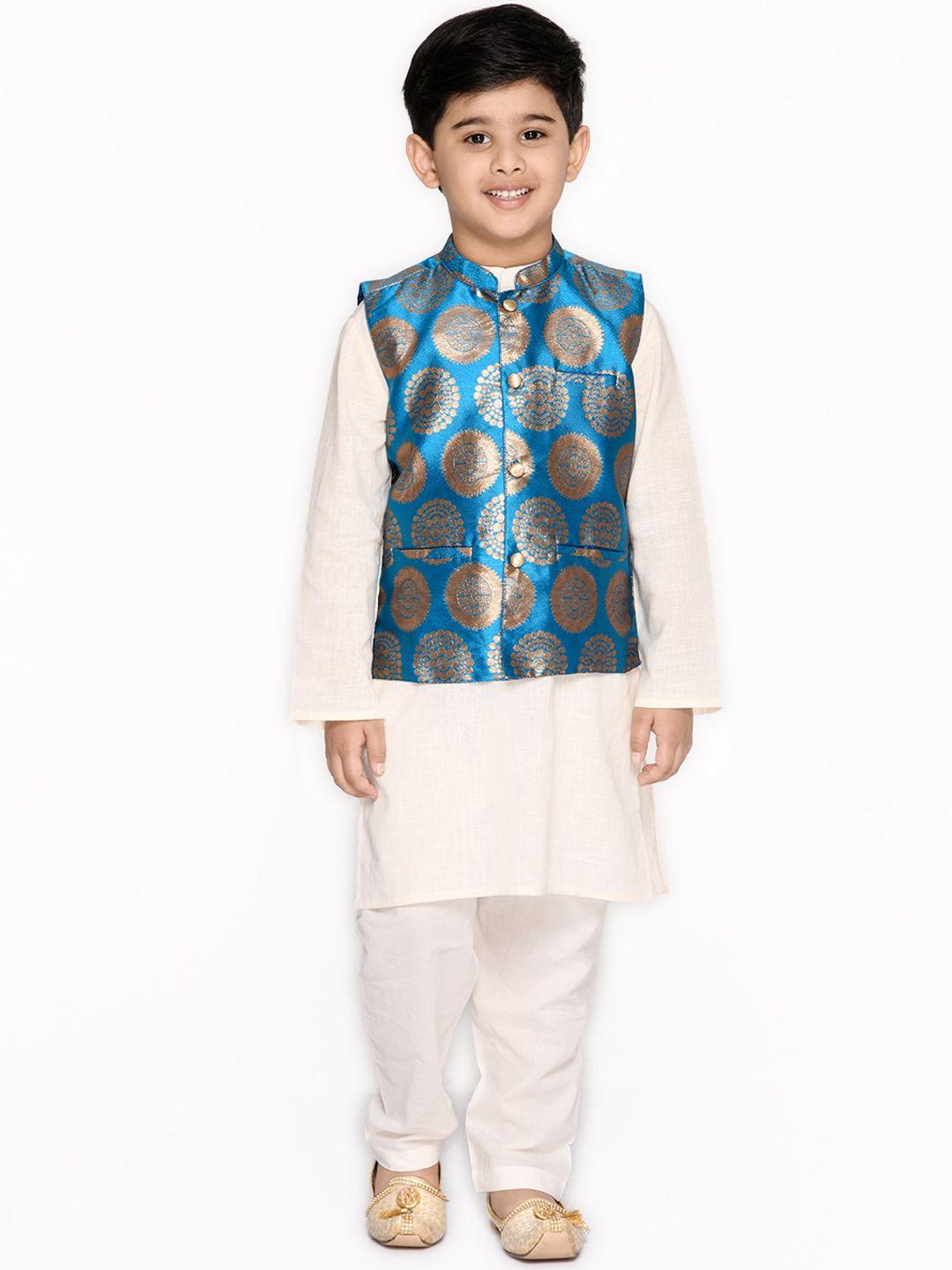 saka designs boys blue floral pure cotton kurta with pyjamas & nehru jacket