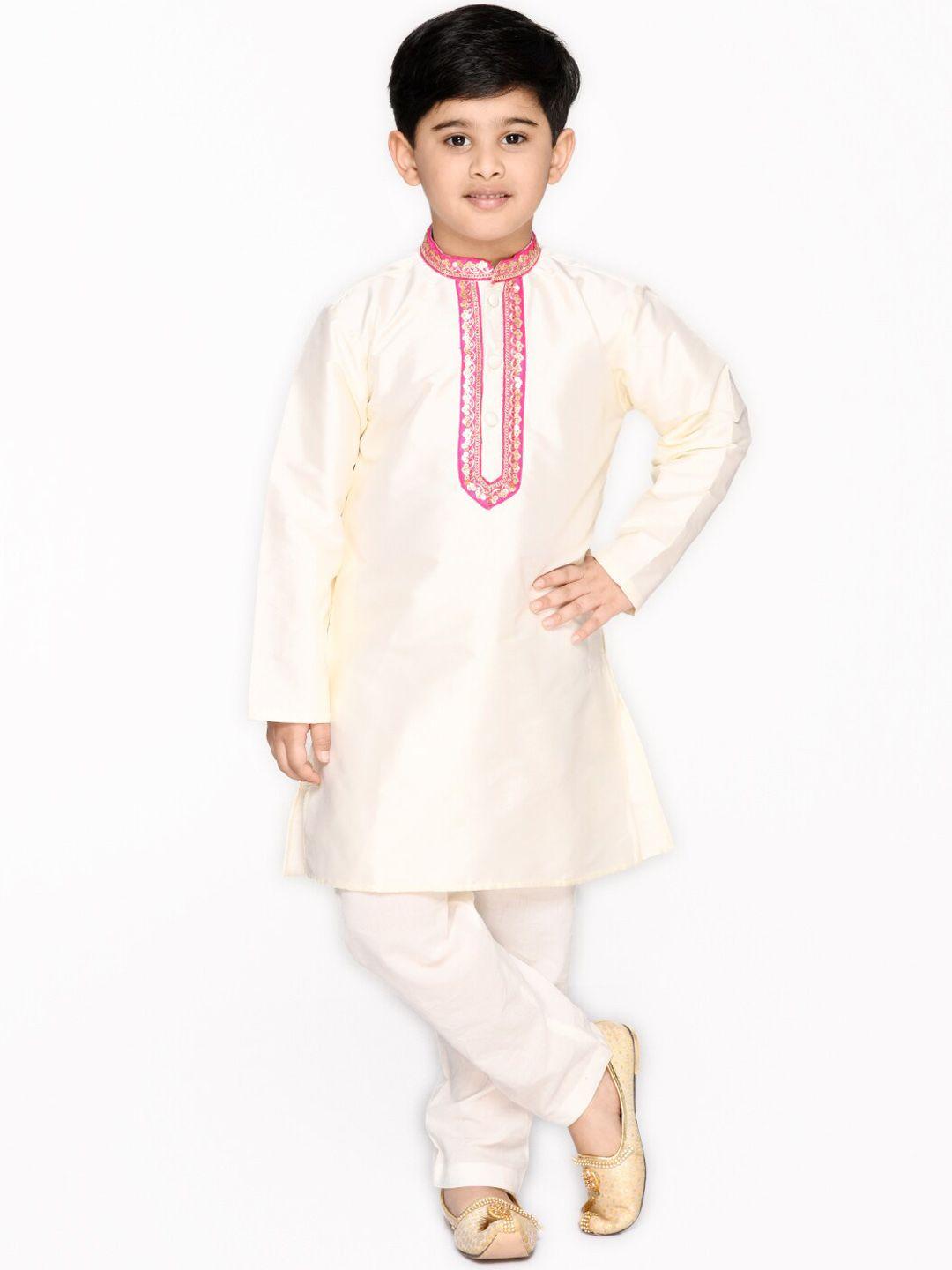 saka designs boys cream-coloured embroidered kurta with pyjamas