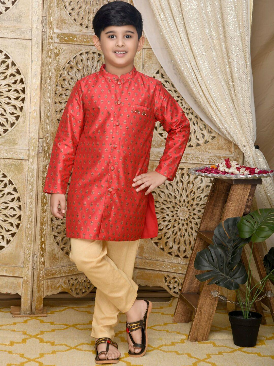 saka designs boys ethnic motifs printed chanderi silk kurta with pyjamas