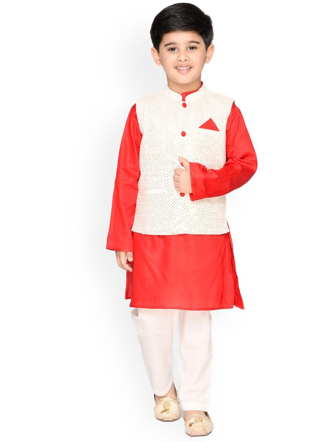 saka designs boys ethnic motifs sequinned pure cotton kurta with pyjamas