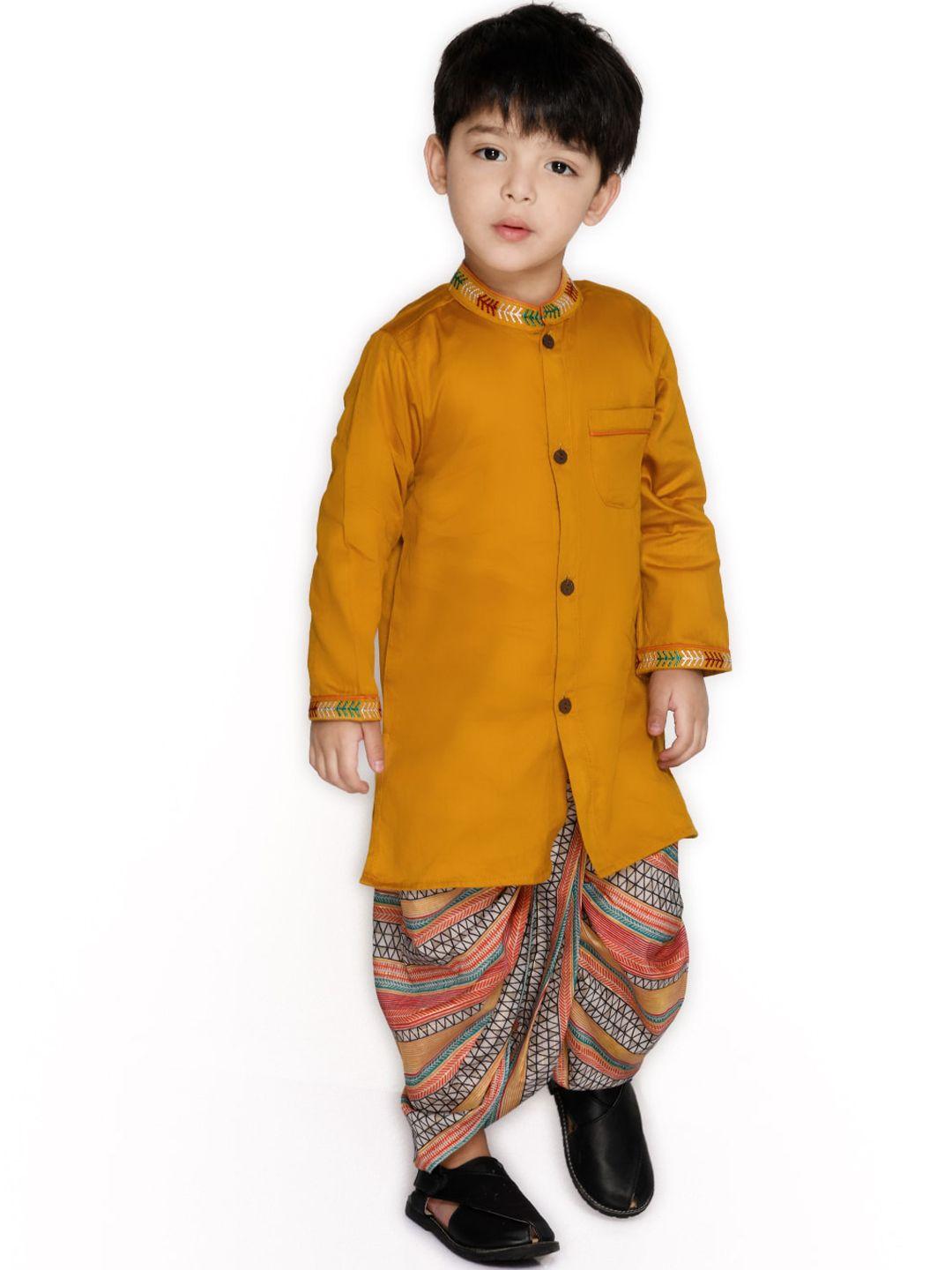 saka designs boys mustard yellow & red thread work pure cotton kurta with dhoti pants
