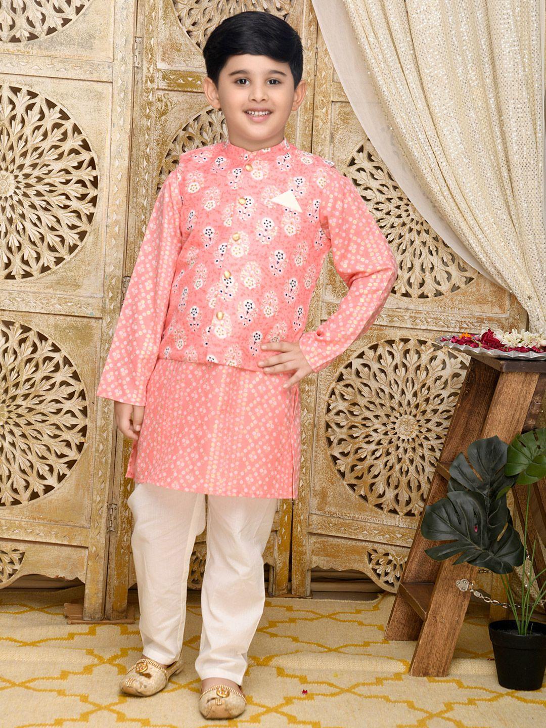 saka designs boys peach-coloured bandhani printed kurta with pyjamas