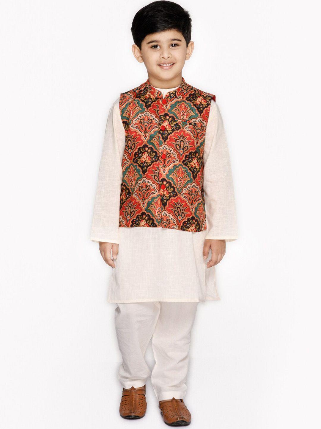 saka designs boys pure cotton band collar kurta & pyjamas with printed nehru jacket