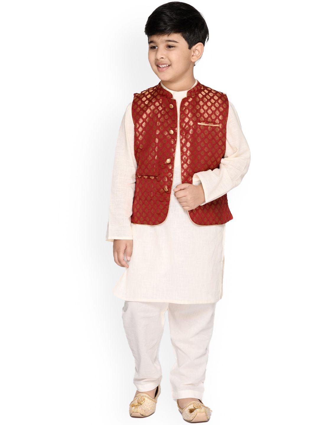 saka designs boys red & gold pure cotton kurta with pyjamas