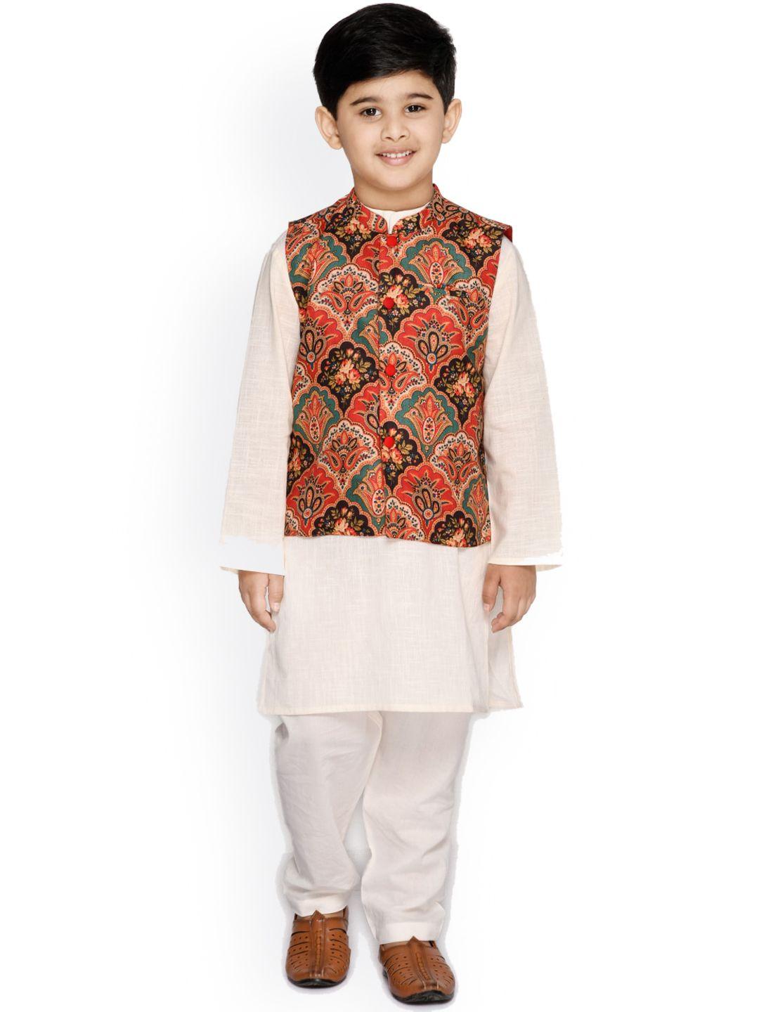 saka designs boys red ethnic motifs printed pure cotton kurta with pyjamas
