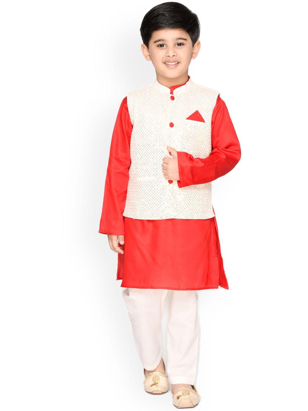 saka designs boys red pure cotton kurta with pyjamas