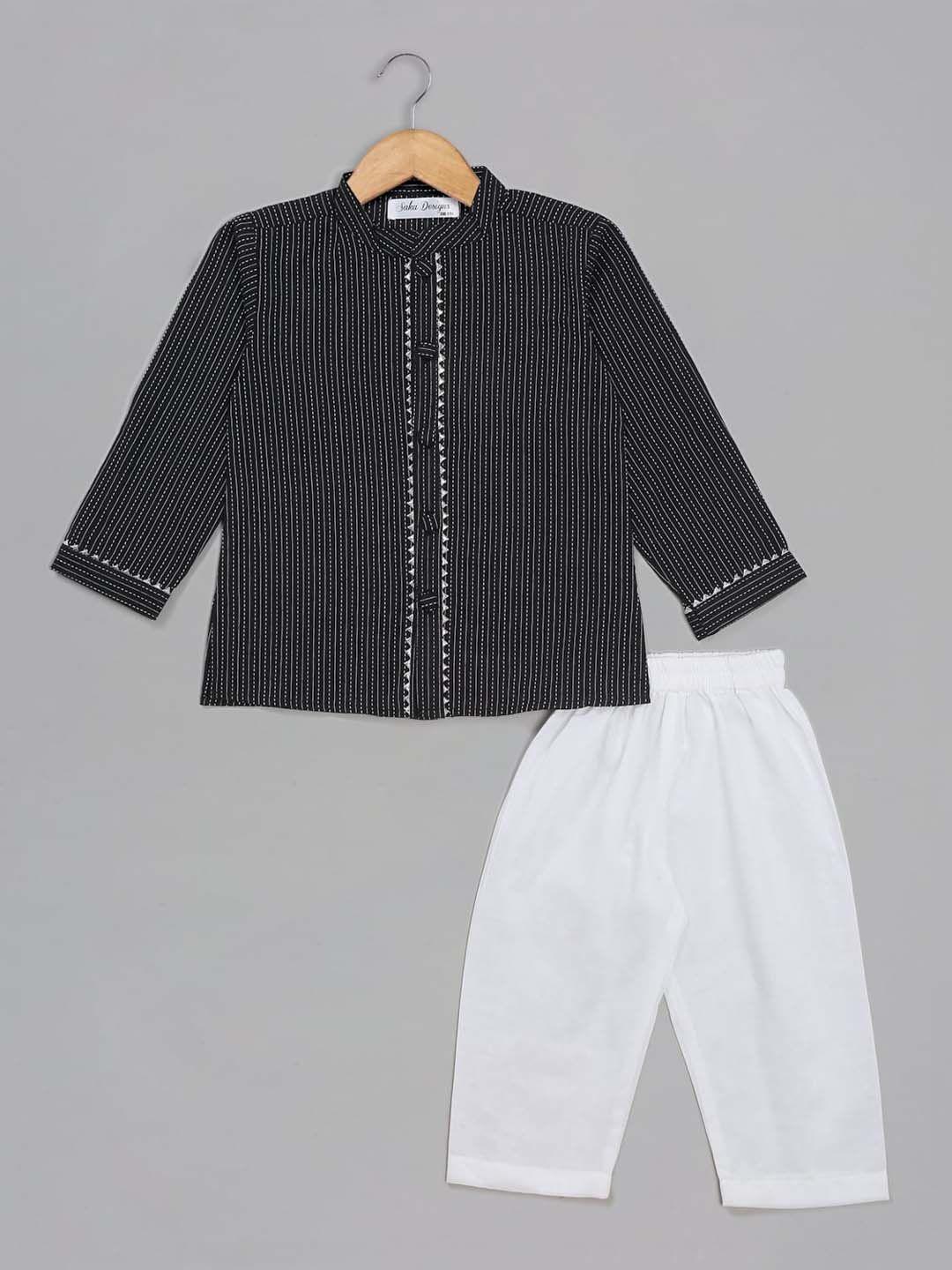 saka designs boys striped regular thread work pure cotton kurta with pyjamas