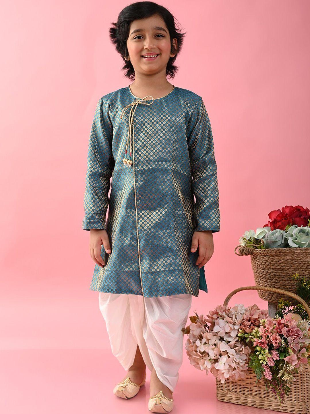 saka designs boys teal ethnic motifs regular dupion silk kurta with dhoti pants