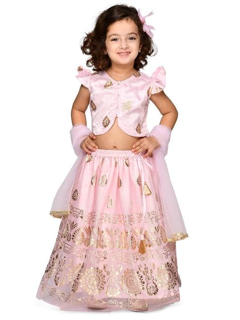 saka designs kids baby pink & gold foil print lehenga with choli & dupatta