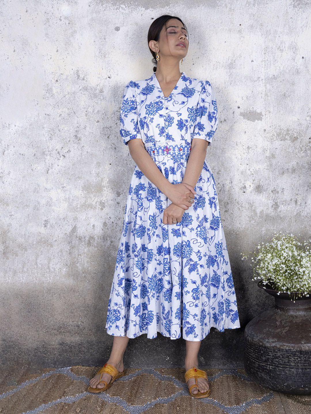 sakhi jaipur white & blue floral midi dress