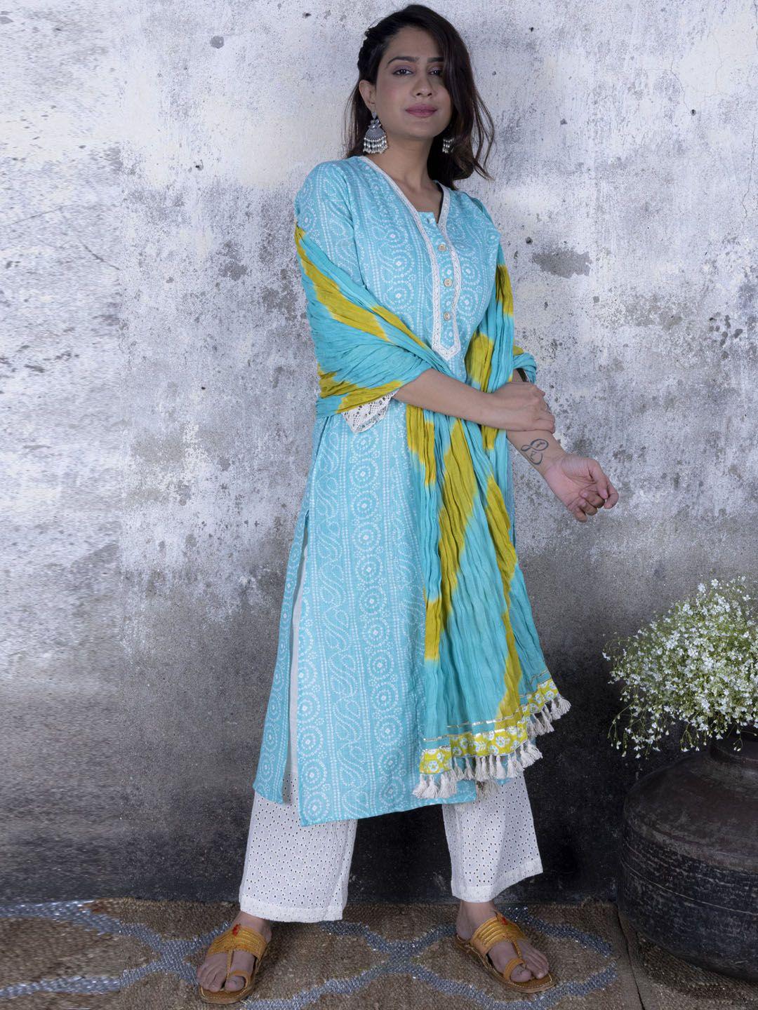 sakhi jaipur women blue bandhani printed pure cotton kurta with trousers & with dupatta