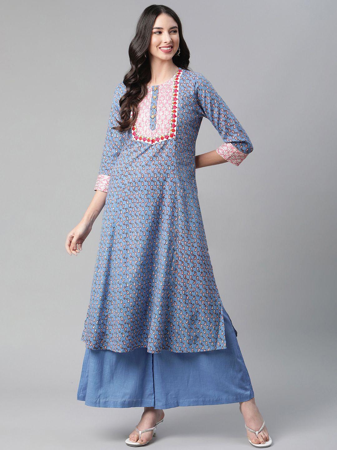 sakhi jaipur women blue ethnic motifs printed pure cotton kurta with trousers