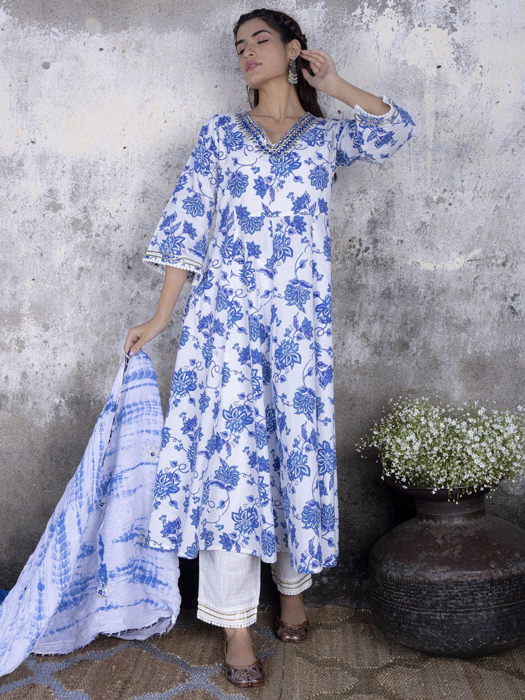 sakhi jaipur women blue floral printed pleated pure cotton kurta with trousers & with dupatta