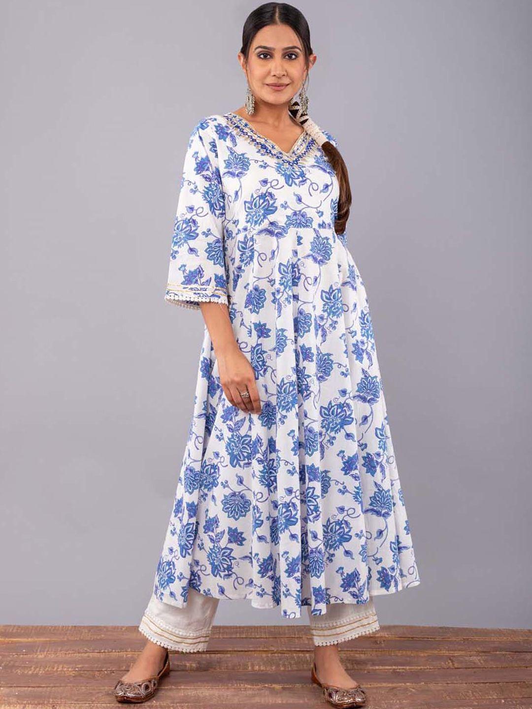 sakhi jaipur women blue floral printed pleated pure cotton kurta with trousers
