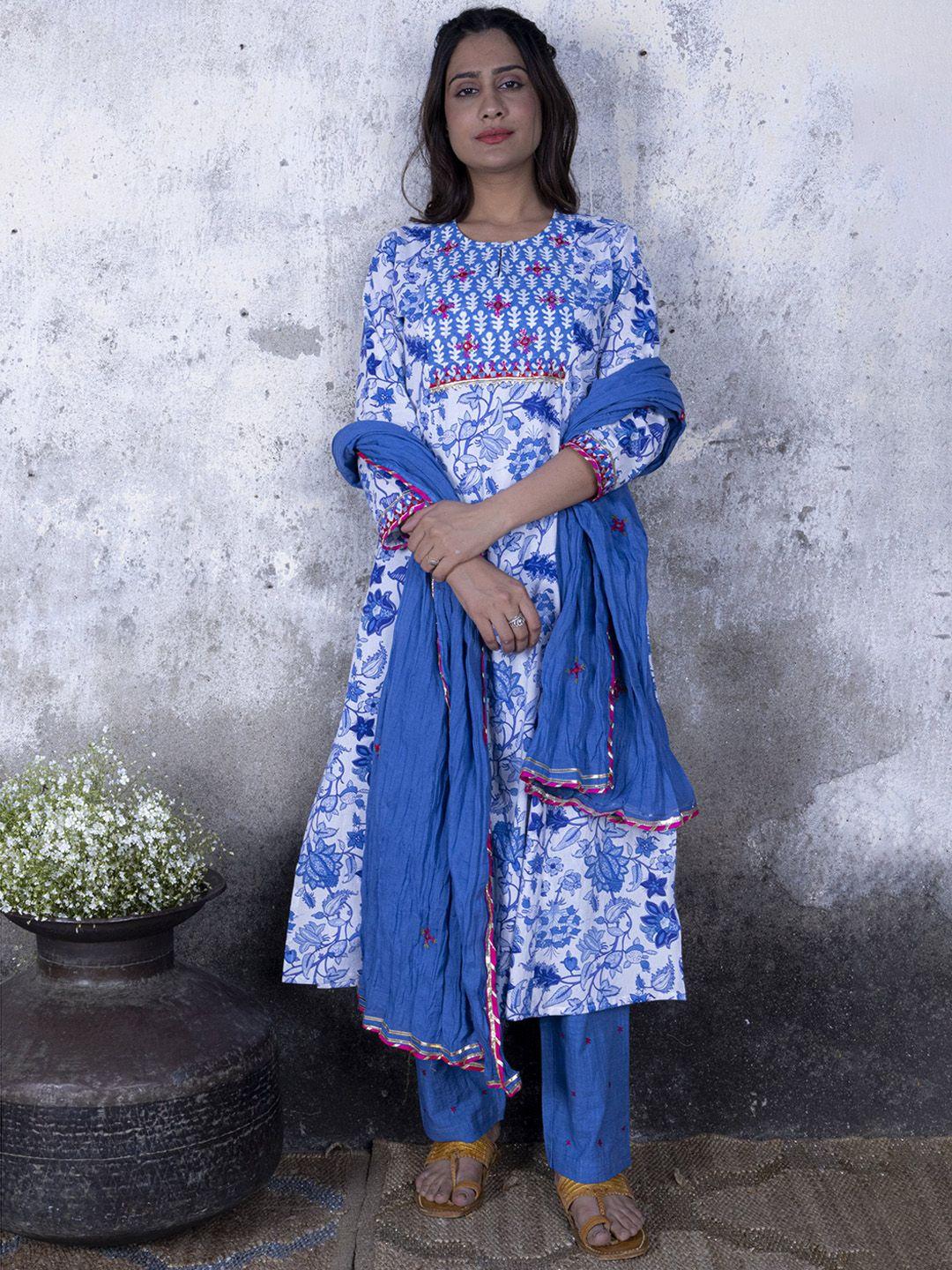 sakhi jaipur women blue floral printed pure cotton kurta with trousers & with dupatta