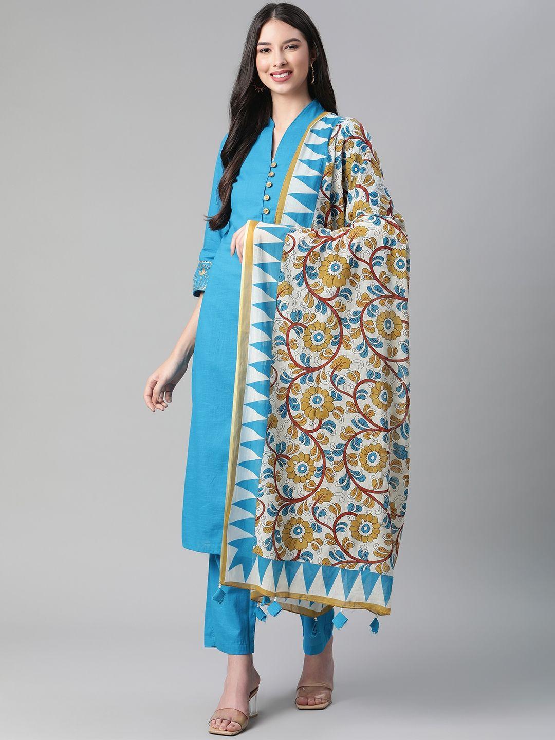 sakhi jaipur women blue regular sequinned pure cotton kurta with trousers & with dupatta