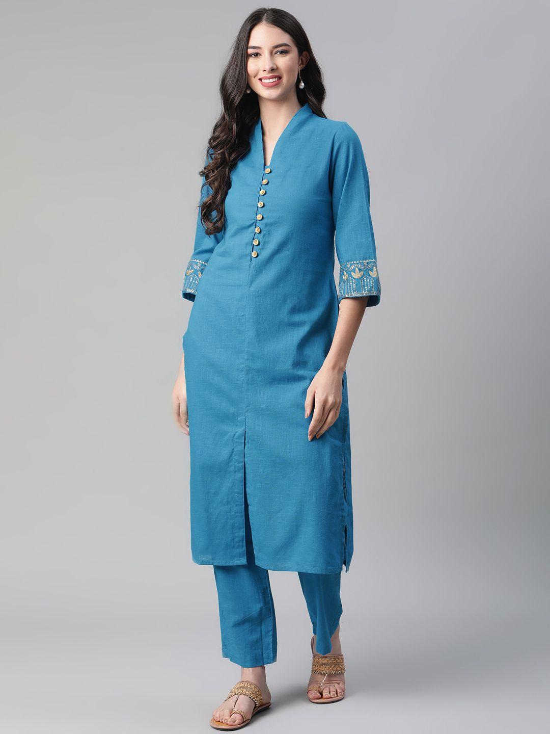 sakhi jaipur women blue solid regular sequinned pure cotton kurta with trousers