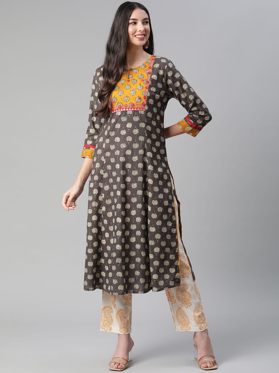 sakhi jaipur women charcoal floral printed pleated thread work cotton kurta with trousers