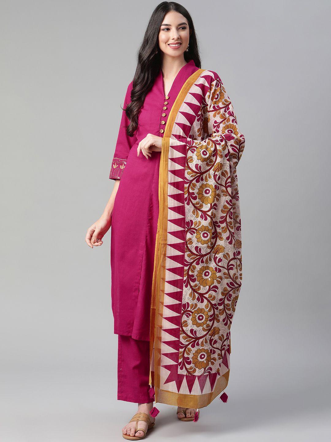 sakhi jaipur women fuchsia pink sequinned pure cotton kurta with trousers & with dupatta