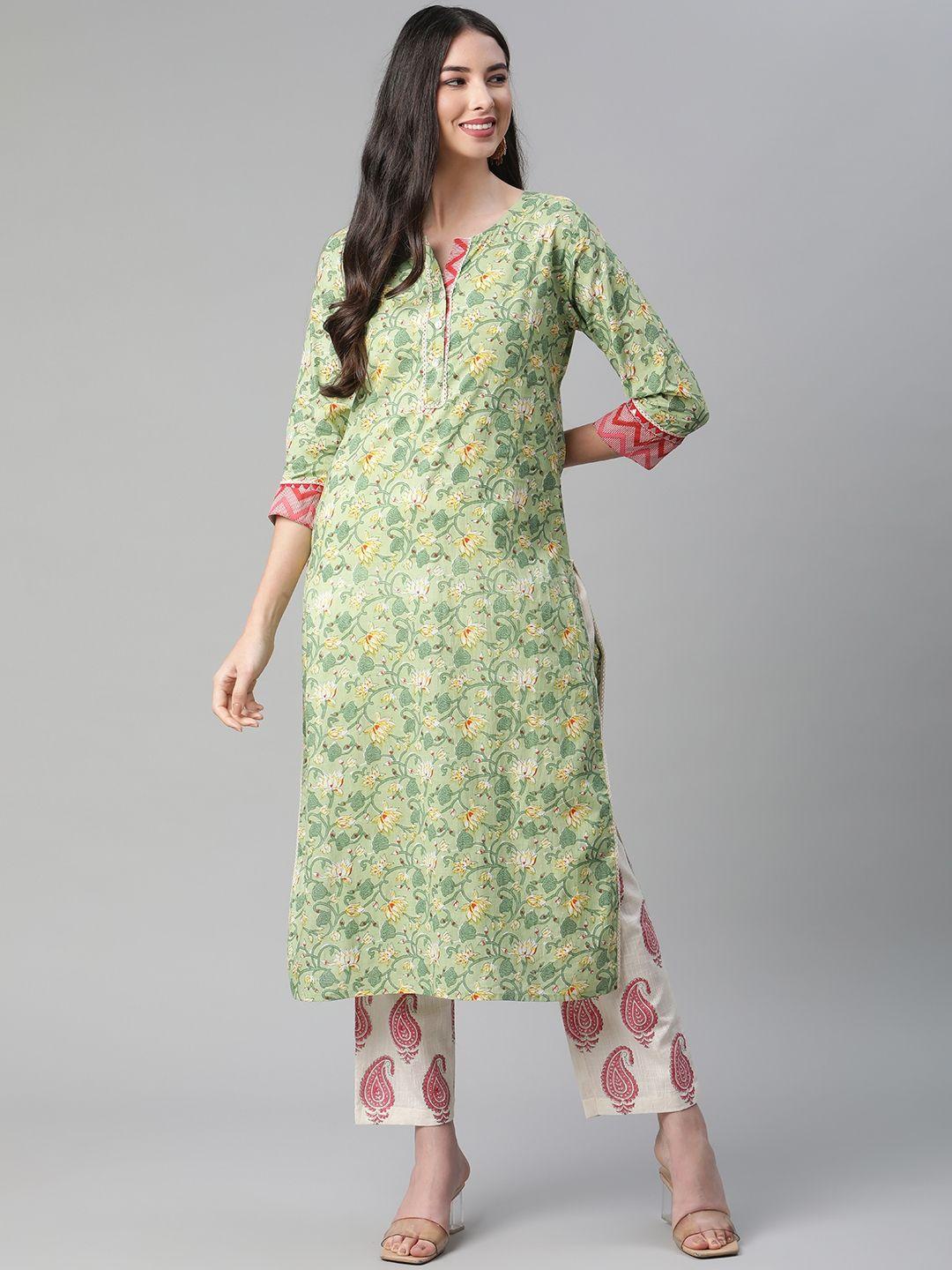 sakhi jaipur women green floral printed gotta patti pure cotton kurta with trousers