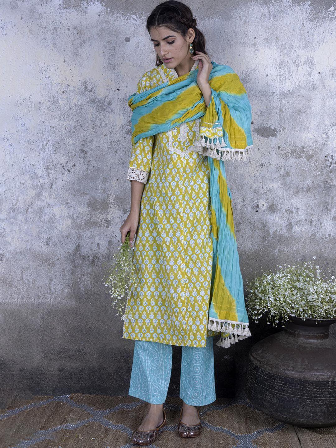 sakhi jaipur women green floral printed pure cotton kurta with trousers & with dupatta