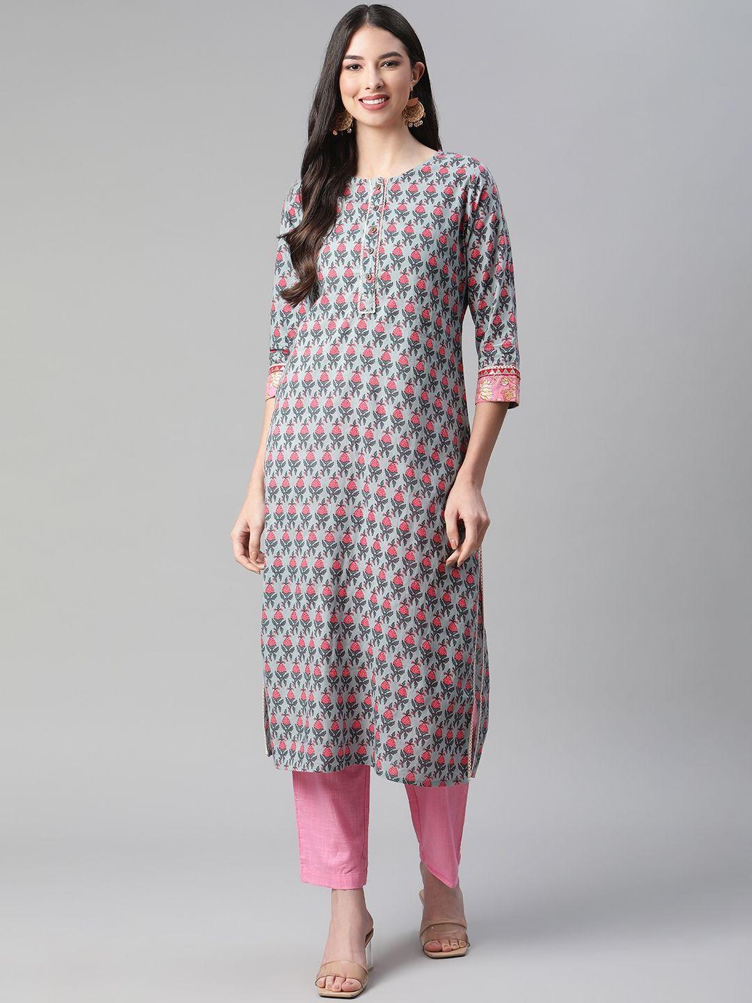 sakhi jaipur women grey ethnic motifs printed pure cotton kurta with trousers