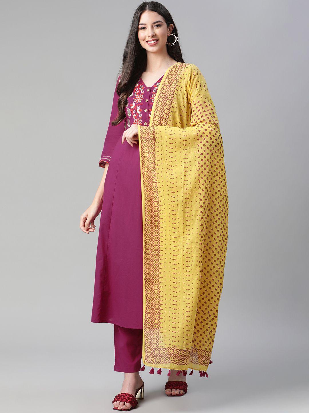 sakhi jaipur women magenta floral embroidered chikankari pure cotton kurta with trousers & with dupatta