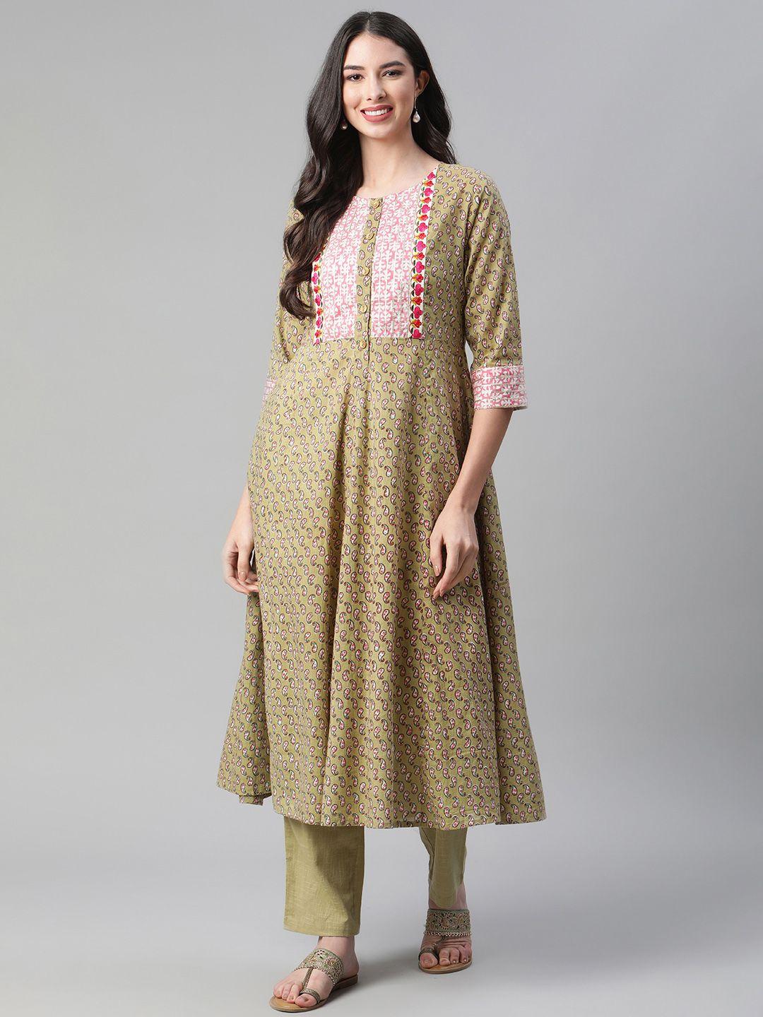 sakhi jaipur women olive green paisley printed thread work cotton kurta with trousers