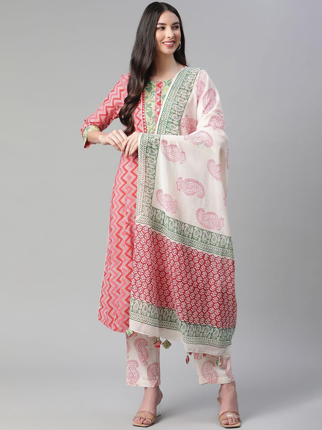 sakhi jaipur women pink ethnic motifs printed pure cotton kurta with trousers & with dupatta