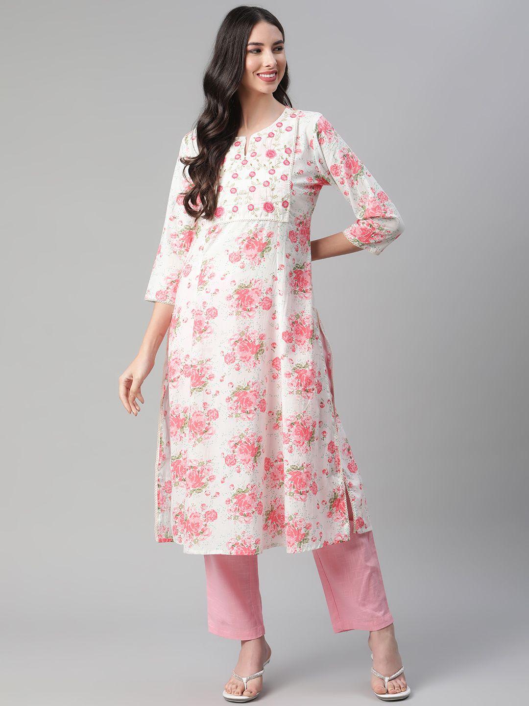 sakhi jaipur women pink floral printed thread work pure cotton a-line kurta with trousers