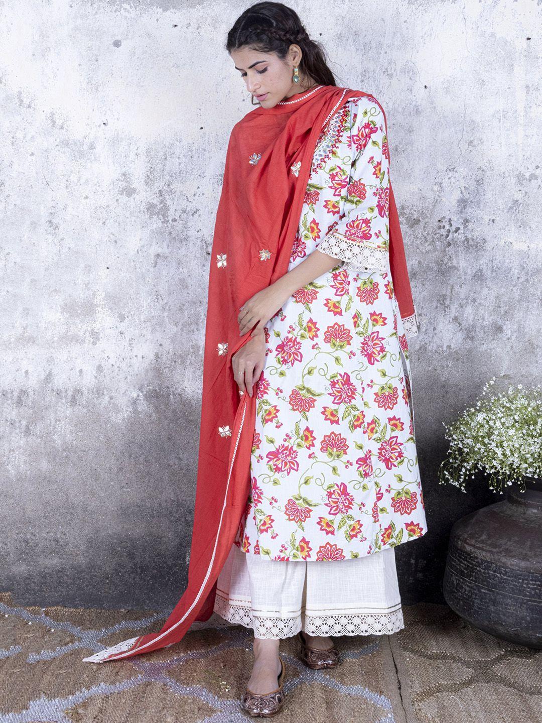 sakhi jaipur women red floral printed pleated pure cotton kurta with palazzos & with dupatta