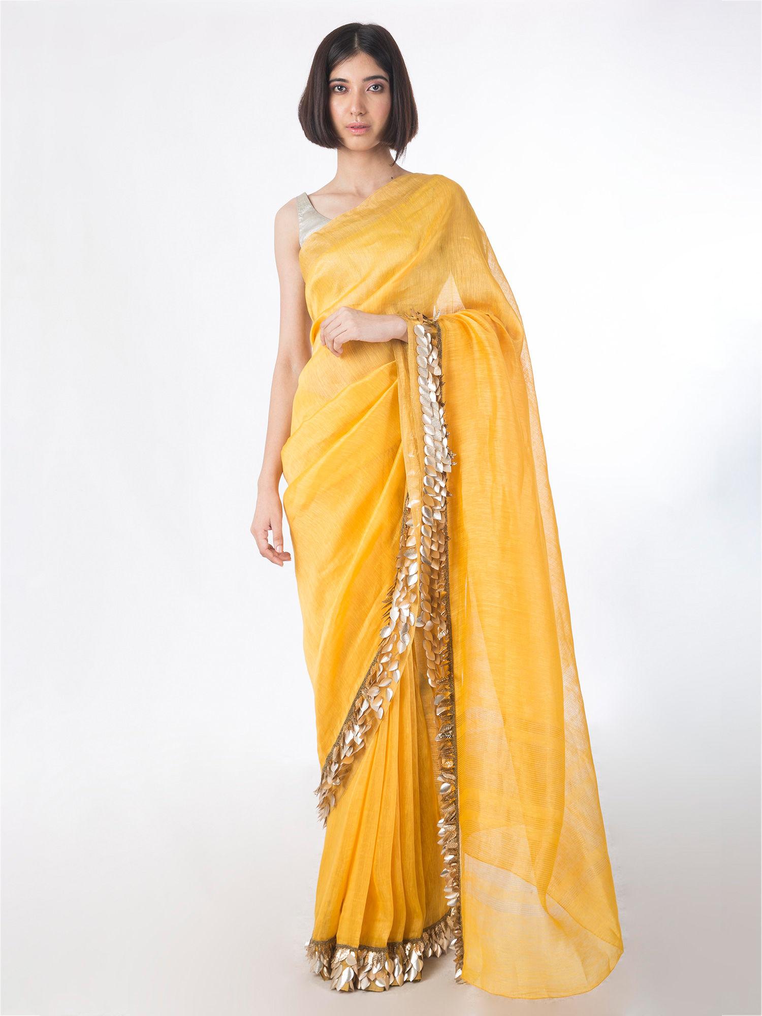 saksham and neharicka yellow embroidered linen silk saree with blouse piece