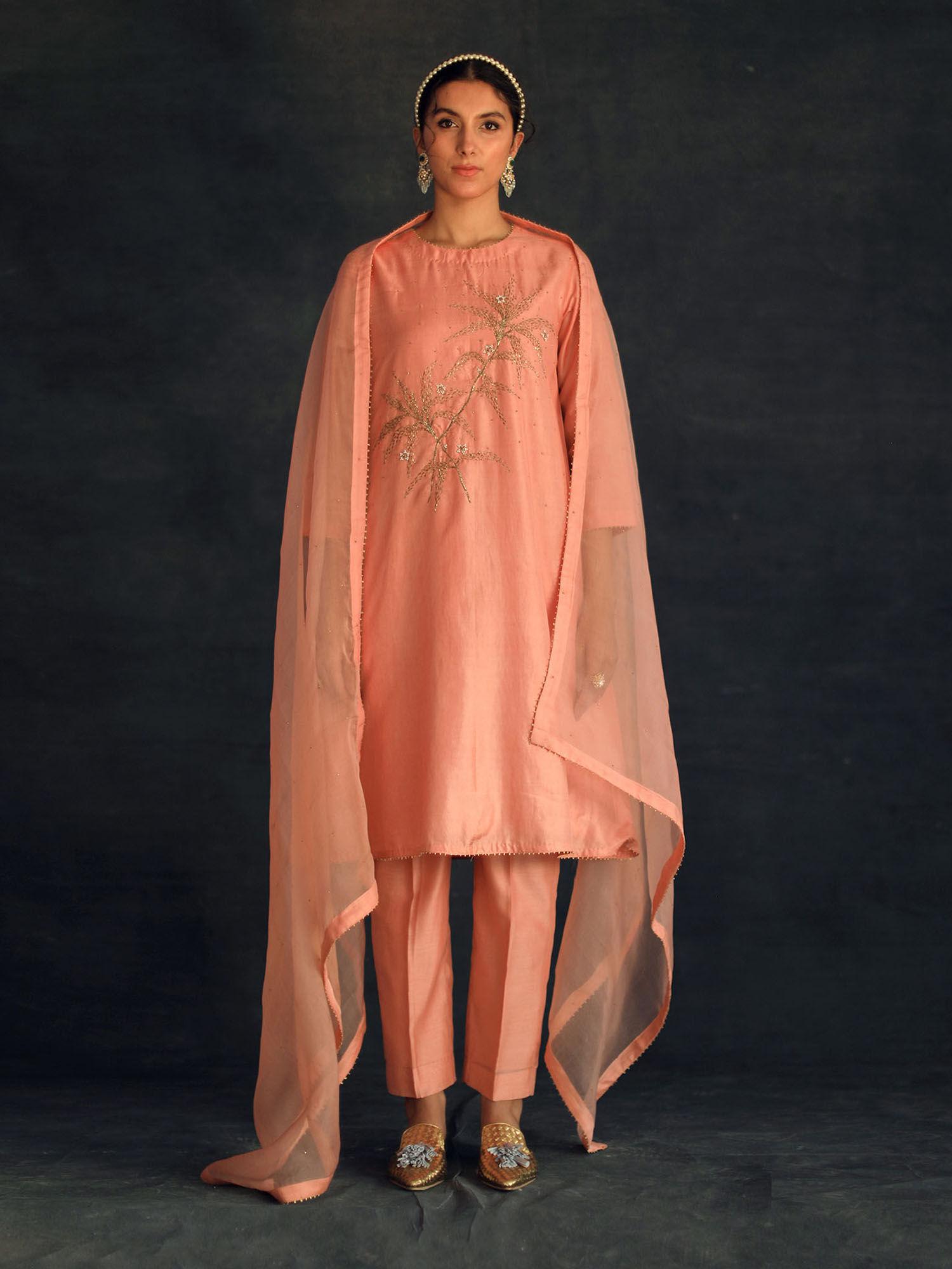 salmon hania kurta with pant and dupatta (set of 3)