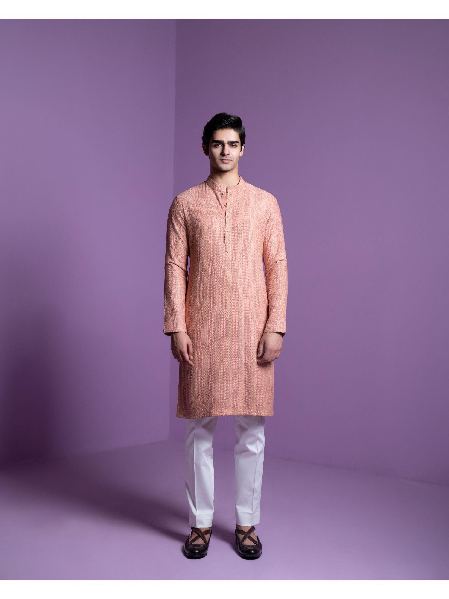 salmon peach chikankari kurta with pant (set of 2)