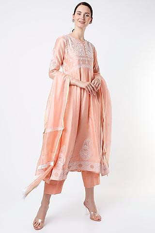 salmon peach embroidered anarkali set