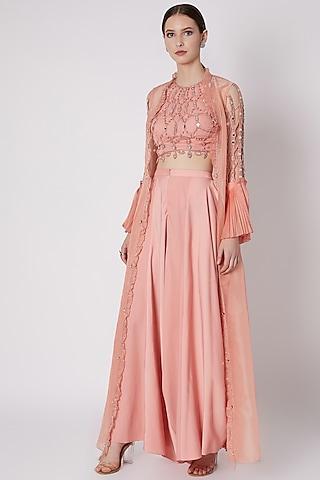 salmon peach embroidered cape set