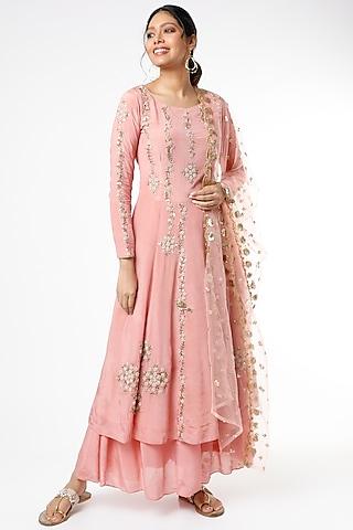 salmon peach gota patti embroidered flared anarkali set