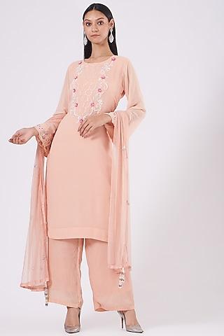 salmon peach hand embroidered kurta set