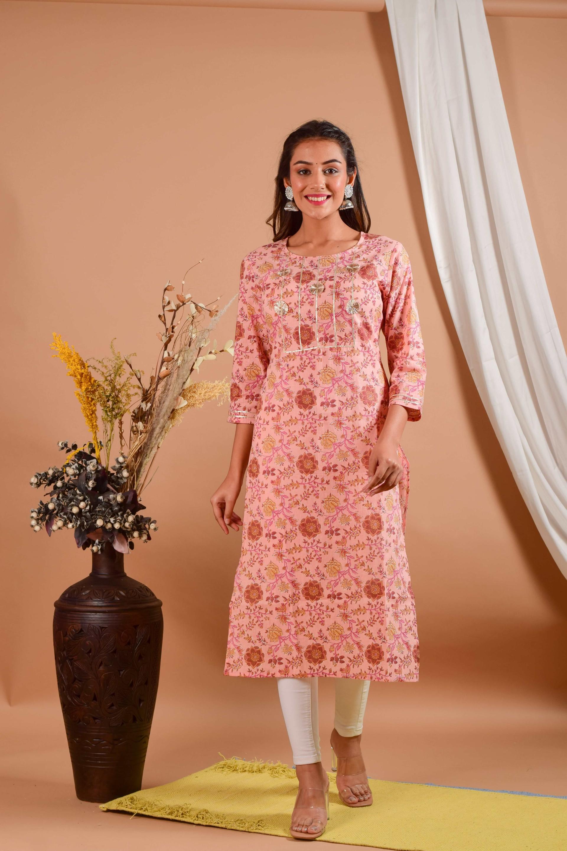 salmon pink block printed pure cotton kurta