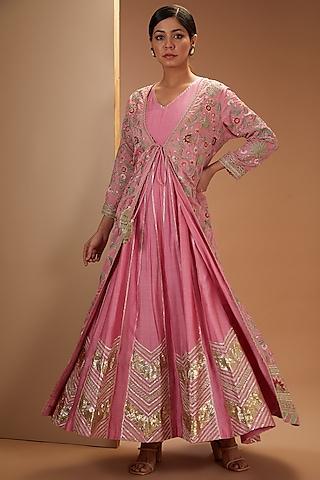 salmon pink chanderi anarkali set