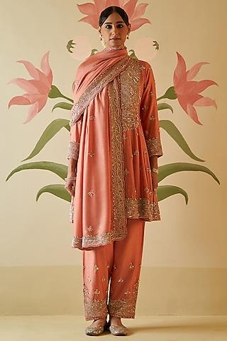 salmon pink chanderi silk sequins embroidered anarkali set