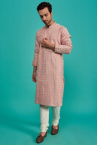 salmon pink chikankari chanderi silk kurta set