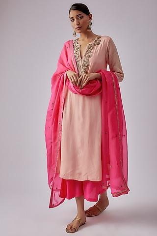 salmon pink crepe embroidered kurta set