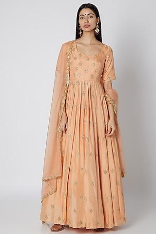 salmon pink embellished anarkali with dupatta