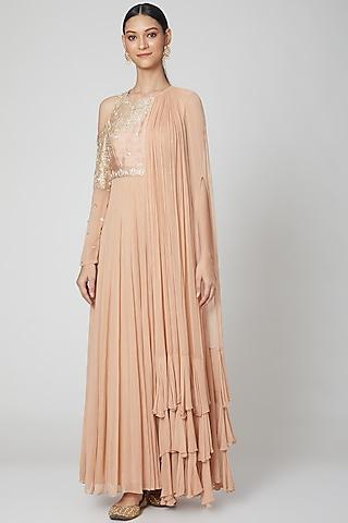 salmon pink embroidered anarkali with draped dupatta