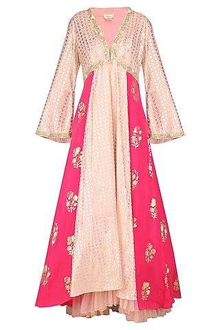 salmon pink embroidered anarkali with rose pink churidar and dupatta